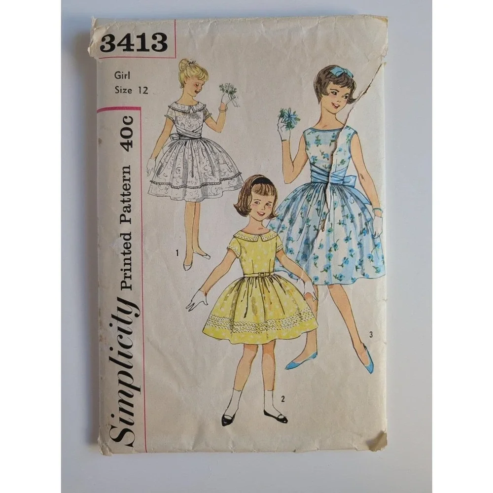 UC/FF Simplicity 3413 Girls Dress Sewing Pattern Size 12 VTG
